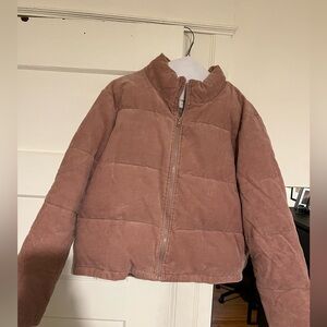 Blush colored cropped faux suede ribbed puffer jacket! Size M - great condition